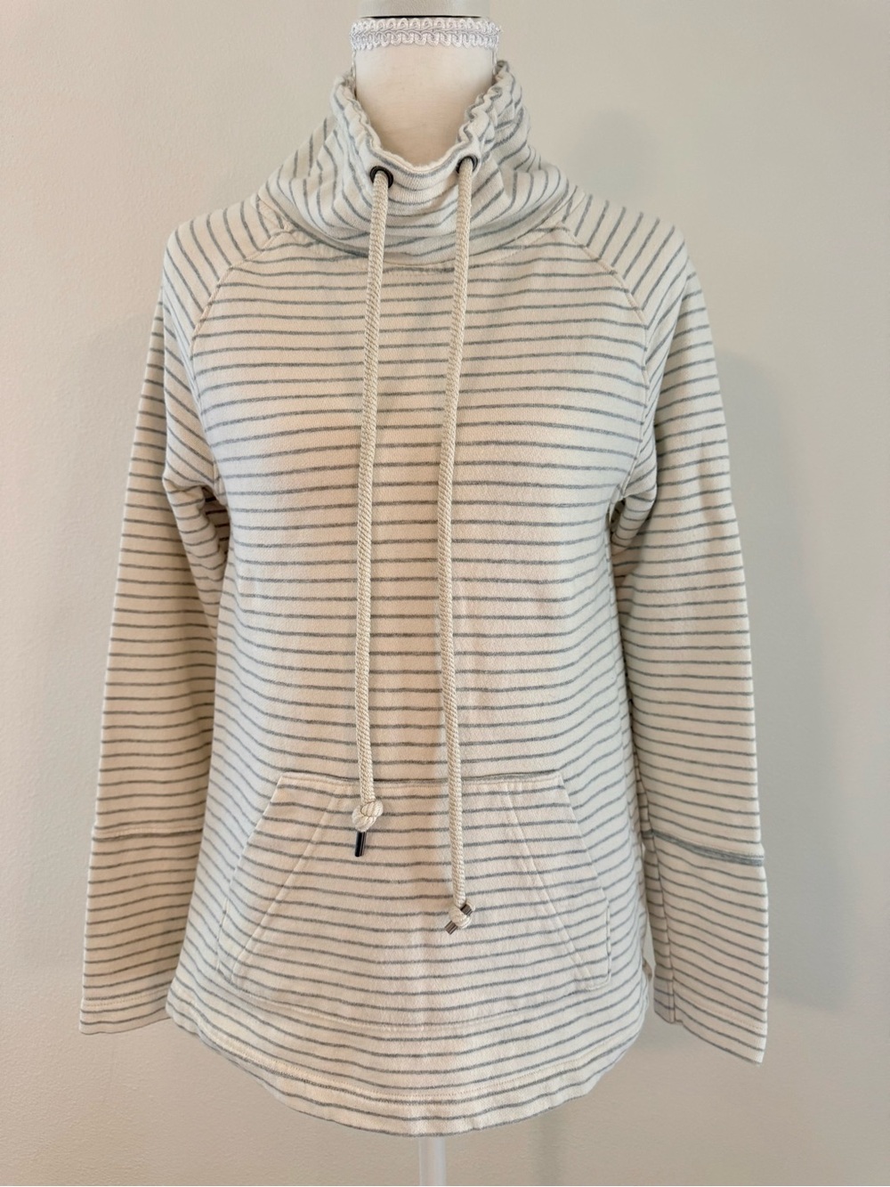 Old Navy Cream and Gray Striped Funnel Neck Pullover Hoodie